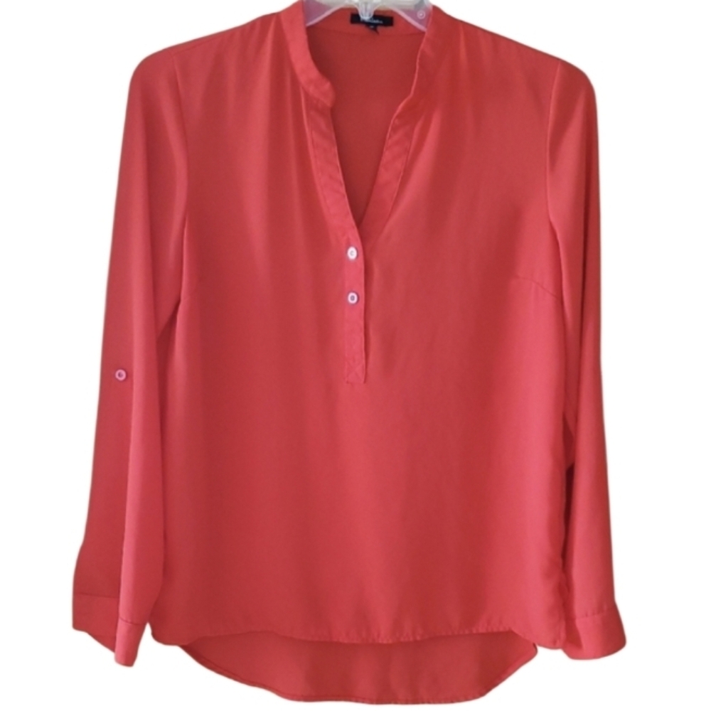 Monteau‎ Red Lightweight Tab Sleeve Vneck Long Sleeve Blouse Size Large